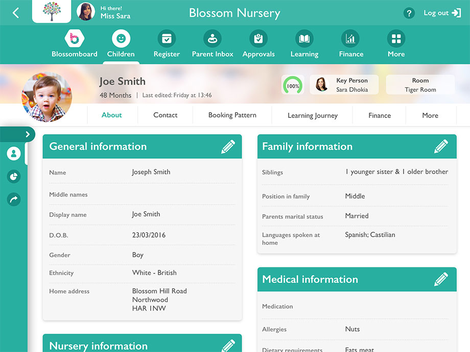 A screenshot of Blossom's digital all about me Child Profile