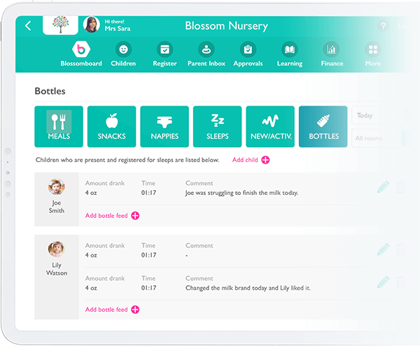 A screenshot showing a computer screen with children's diaries open to log nappies, bottles & sleeps