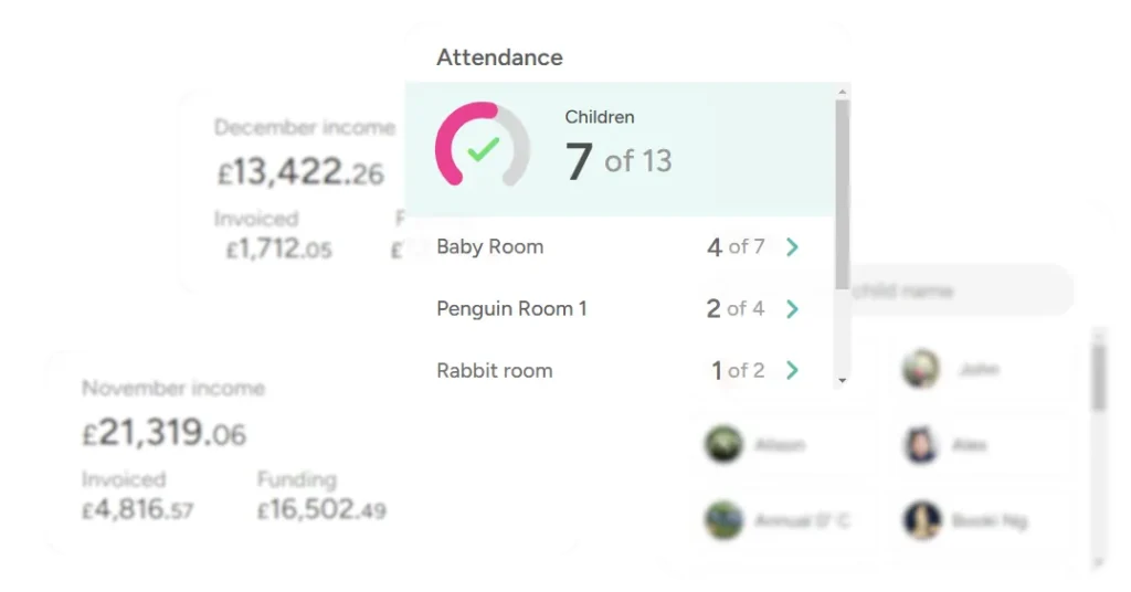 Screenshots of Blossom's attendance, income and registry widgets