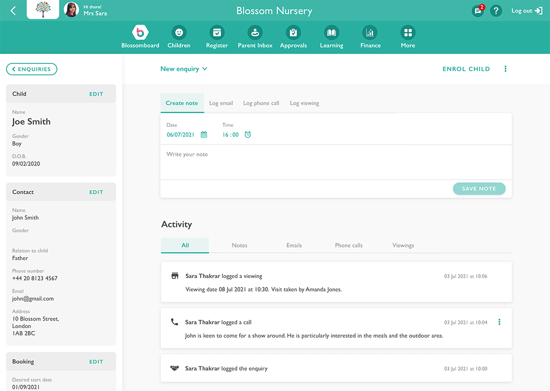 Blossom Software: Nursery Enquiries Activities