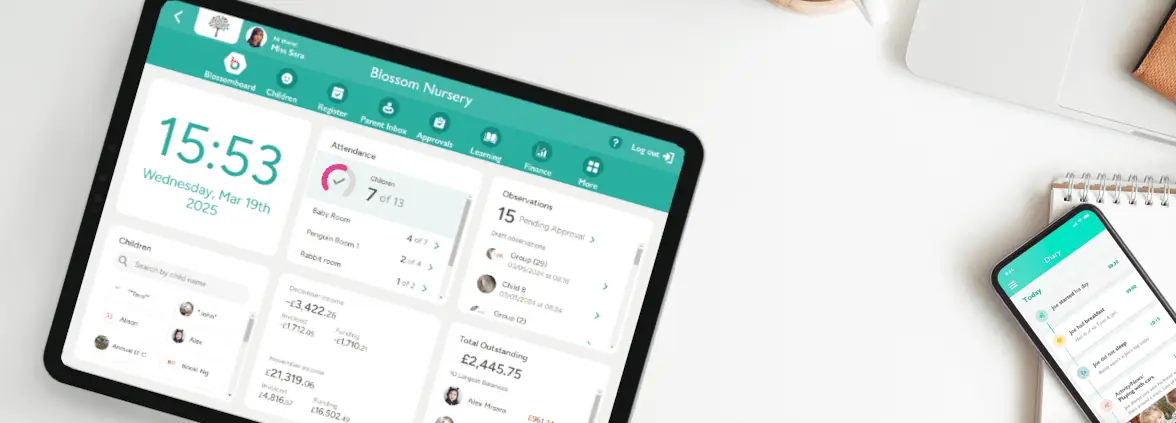 Shot of Blossomboard on a table and blossom parent app
