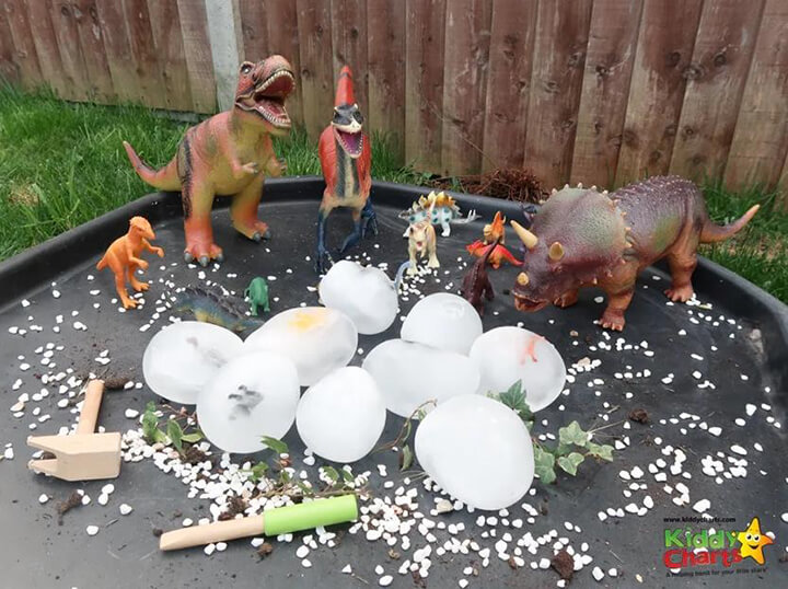 A tough tray filled with dinosaur-related items like eggs, dinosaurs, archaeology equipment and stones
