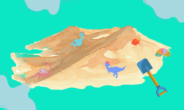 A graphic of a pile of sand, dinosaurs and a spade