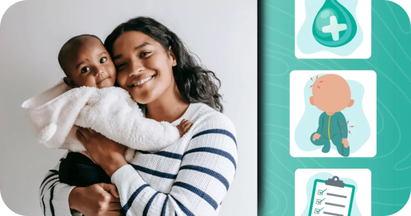 On the left, a woman holding her baby and smiling at the camera. On the right, iconography to suggest accidents and incidents