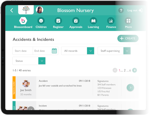A tablet screen showing the new accidents and incidents report