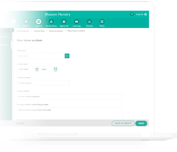 A computer screen showing the new home accidents form, to be filled in by nursery workers at drop off
