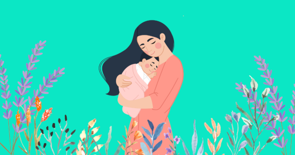 A drawn image showing a woman holding a baby close to her chest to imply parental involvements in baby brain development