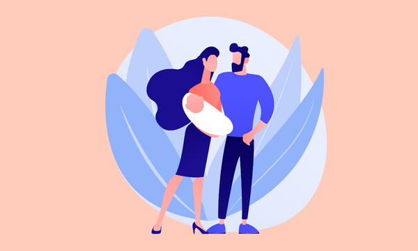 Two stylised parents holding a baby bundle