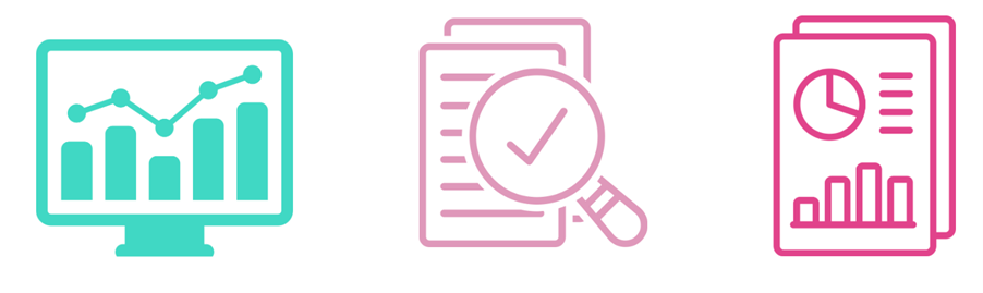 A series of 3 icons showing charts, investigating paper, and paper with charts on