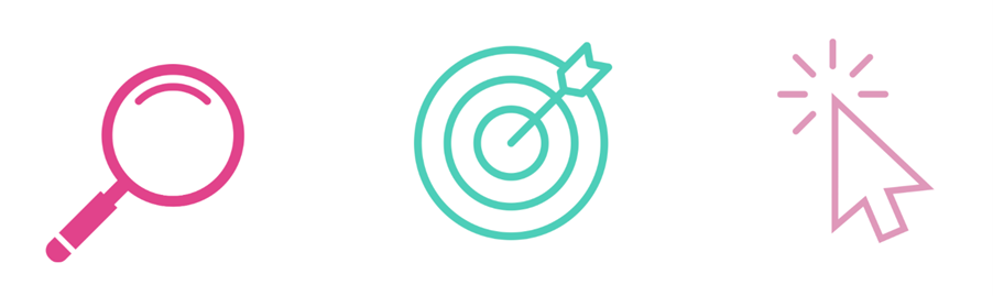 A series of icons showing a magnifying glass, an archery target and a clicking mouse pointer