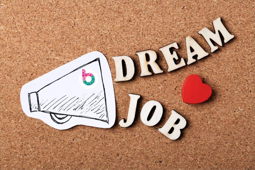 The words 'dream job' coming out of a drawn megaphone