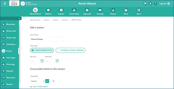 A screenshot of Blossom platform showing finance 3 enhanced packages system