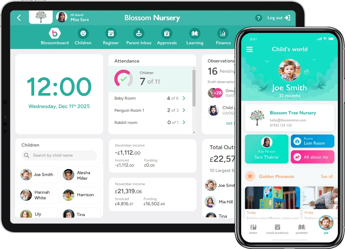 An image showing the brand-new blossomboard and the parent app