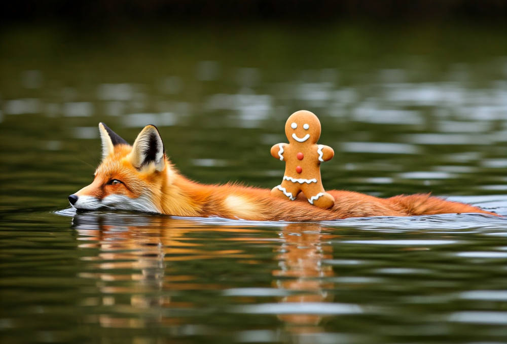 A gingerbread man riding on the back of a fox across a river