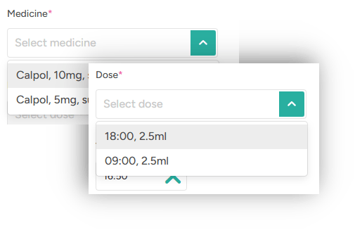 Administrations drop down of dose and medicine