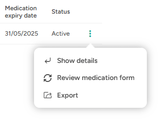 Options for a saved medication form - view, review, export
