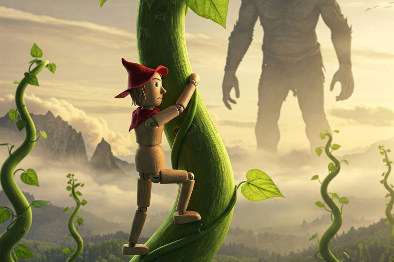 Jack and the Beanstalk image - Jack as a puppet climbing a beanstalk with a giant in the distance header