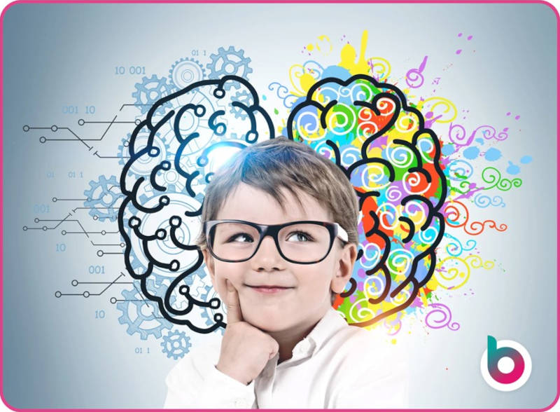Scientist child superimposed in front of a brain