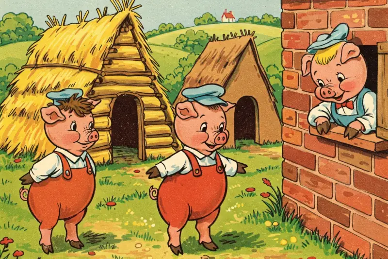 A cartoon image of three little pigs - in the background are houses made of straw and wood, and the third pig is leaning out of the window of a brick house