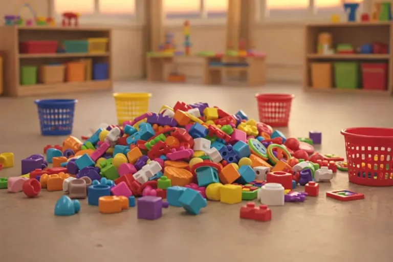 Elmer activities image - a pile of toys with coloured baskets