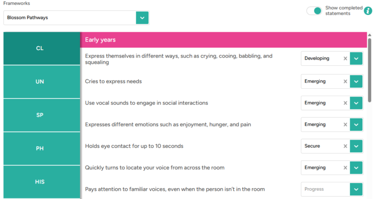 Blossom pathways screenshot of developing and emerging in Communication and Language