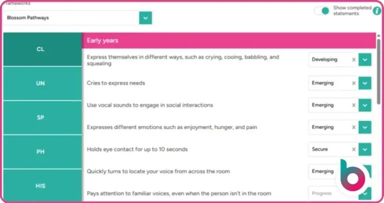 screenshot of blossom pathways learning statements