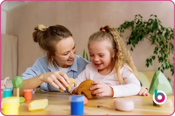 a woman and child playing with wooden animal toys