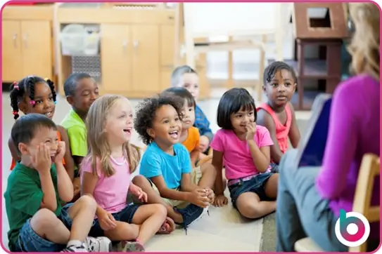 an adult reading a story to a group of children