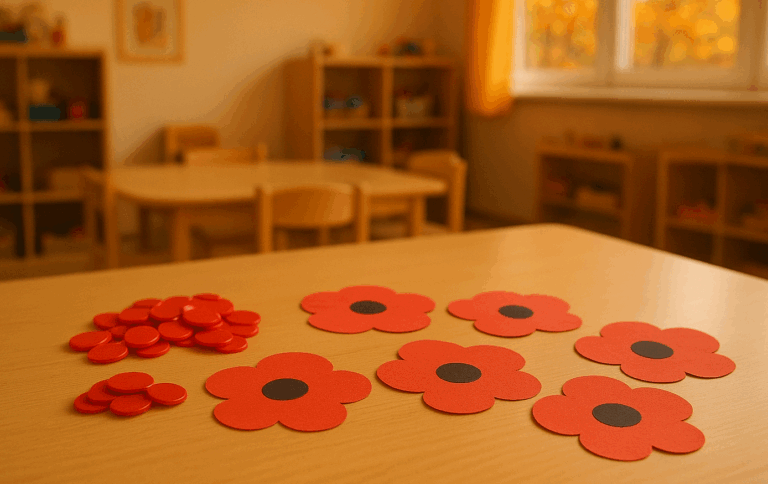 an image of red counters and poppy cut outs on a table